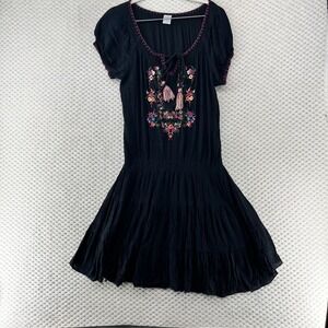 Bila Embroidered Dress Tiered Short Sleeve Bohemian Festival Black‎ S